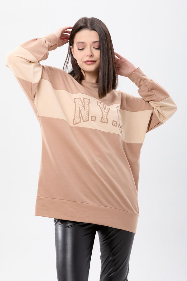 Düz Bisiklet Yaka Kadın Bej Sweat - 13084 BEJ