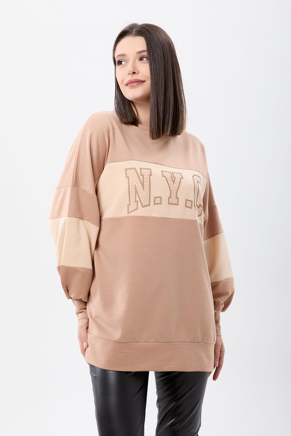 Düz Bisiklet Yaka Kadın Bej Sweat - 13084 BEJ