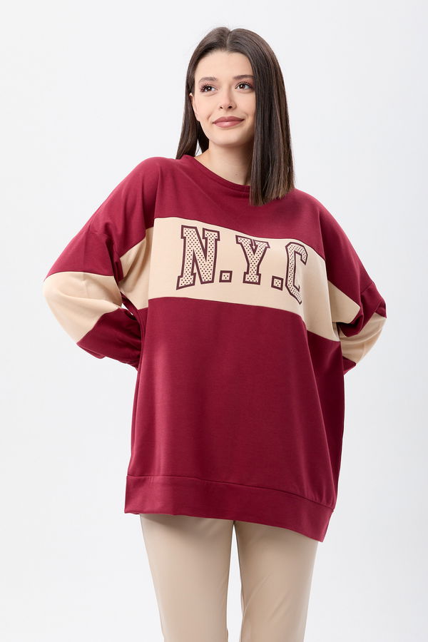 Düz Bisiklet Yaka Kadın Bordo Sweat - 13084