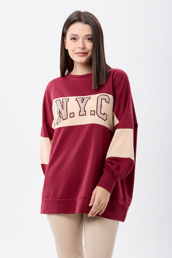 Düz Bisiklet Yaka Kadın Bordo Sweat - 13084
