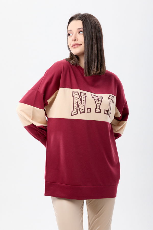 Düz Bisiklet Yaka Kadın Bordo Sweat - 13084