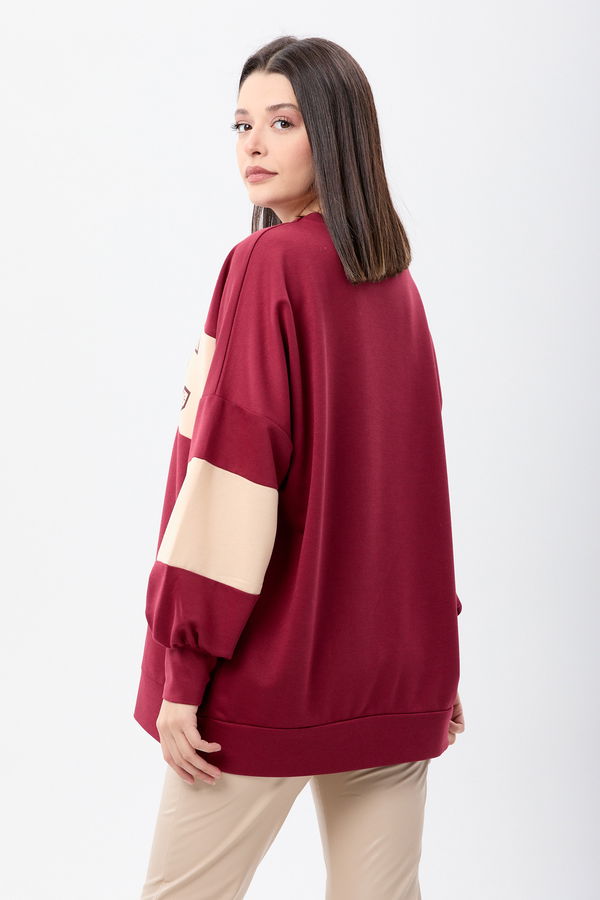 Düz Bisiklet Yaka Kadın Bordo Sweat - 13084