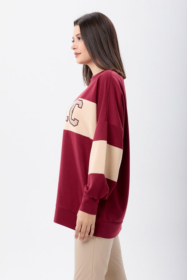 Düz Bisiklet Yaka Kadın Bordo Sweat - 13084