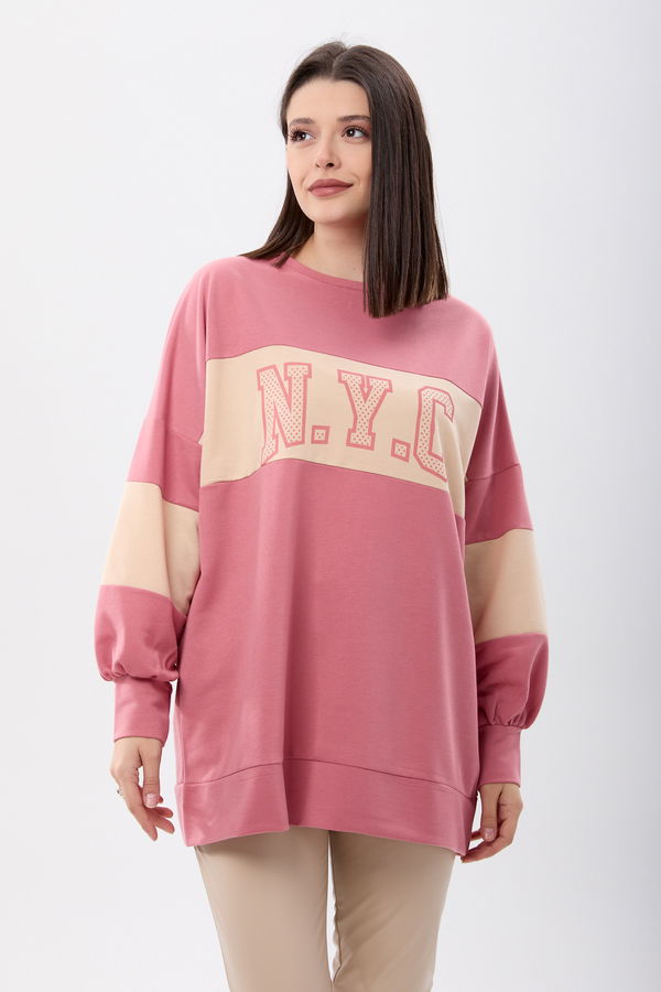 Düz Bisiklet Yaka Kadın Pembe Sweat - 13084 PEMBE