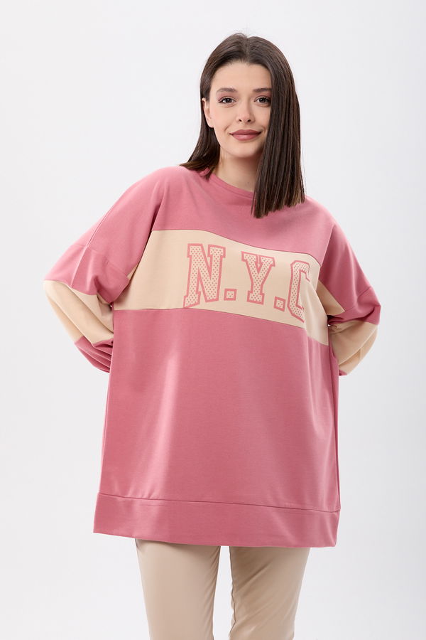 Düz Bisiklet Yaka Kadın Pembe Sweat - 13084 PEMBE