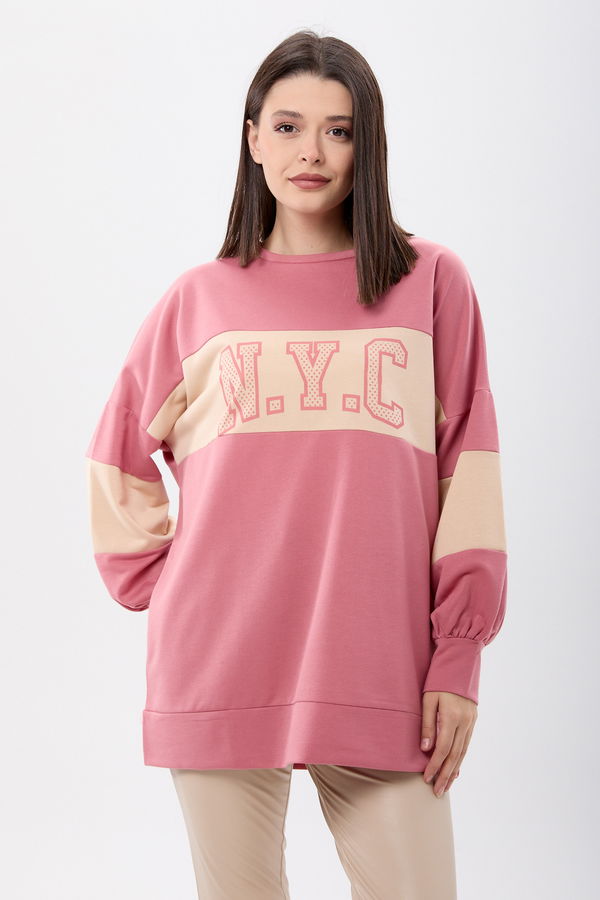 Düz Bisiklet Yaka Kadın Pembe Sweat - 13084 PEMBE