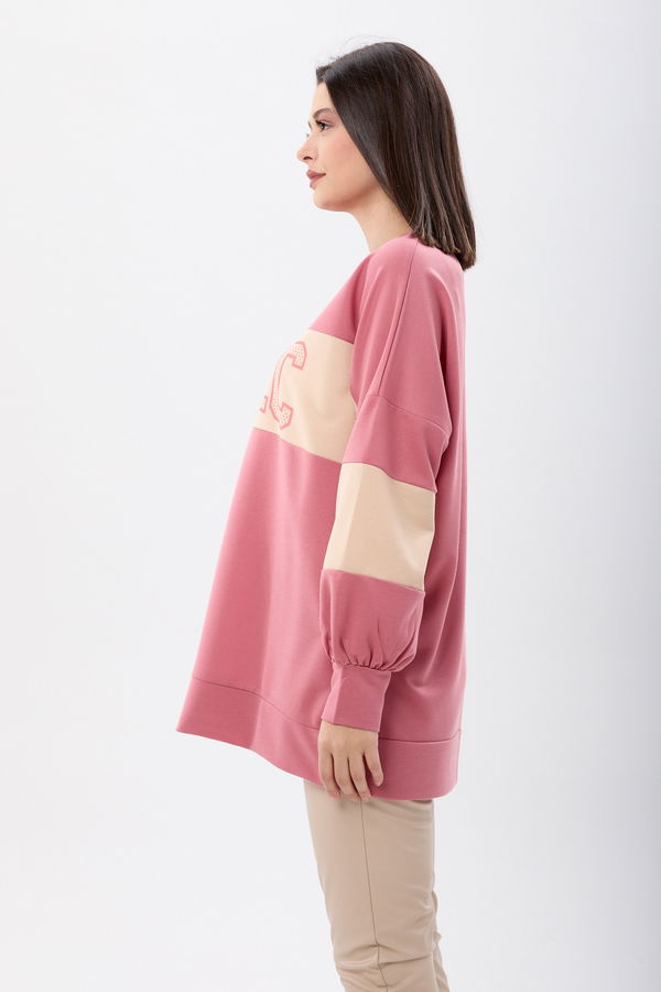 Düz Bisiklet Yaka Kadın Pembe Sweat - 13084 PEMBE