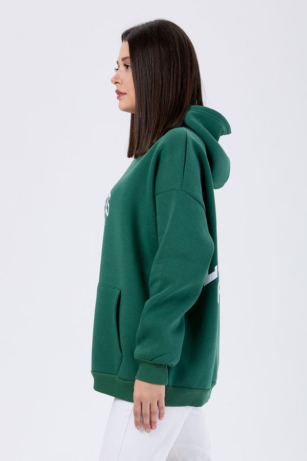 Düz Kapşonlu Yaka Kadın Yeşil Sweat - 24110 YEŞİL