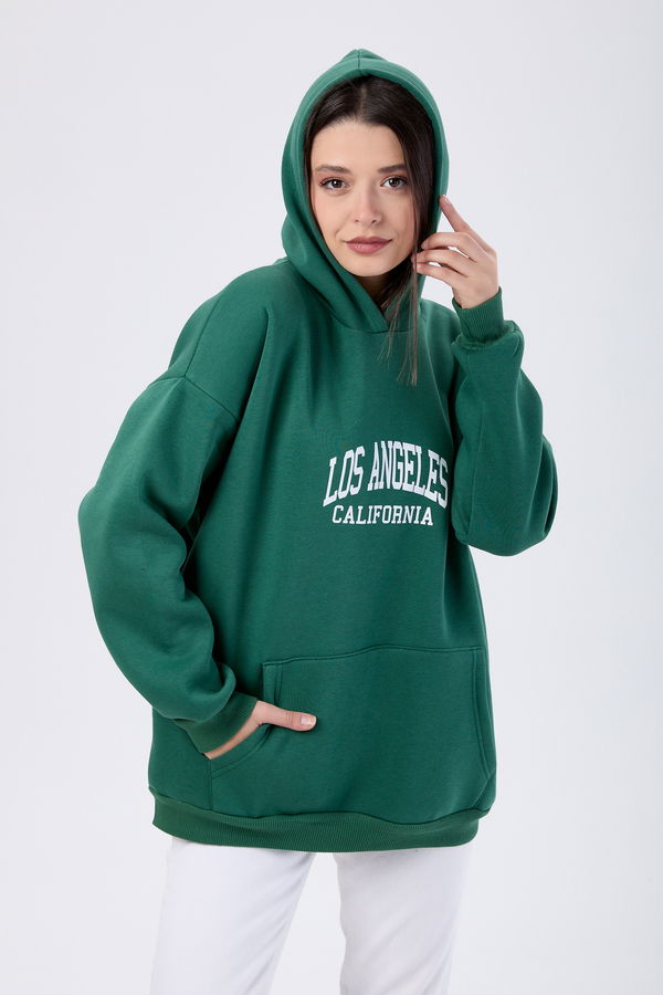Düz Kapşonlu Yaka Kadın Yeşil Sweat - 24110 YEŞİL