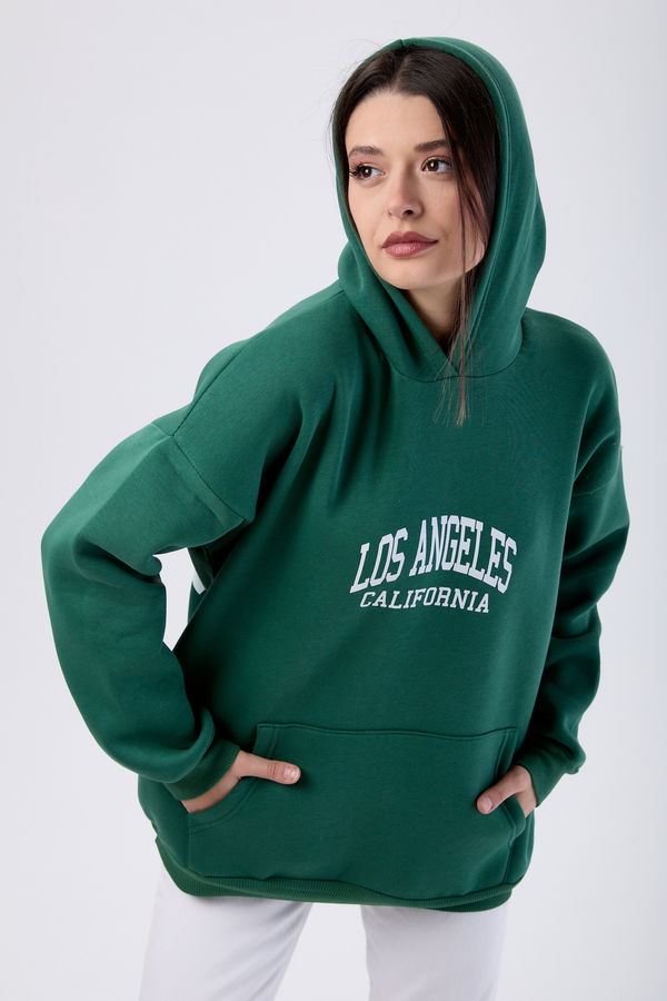Düz Kapşonlu Yaka Kadın Yeşil Sweat - 24110 YEŞİL