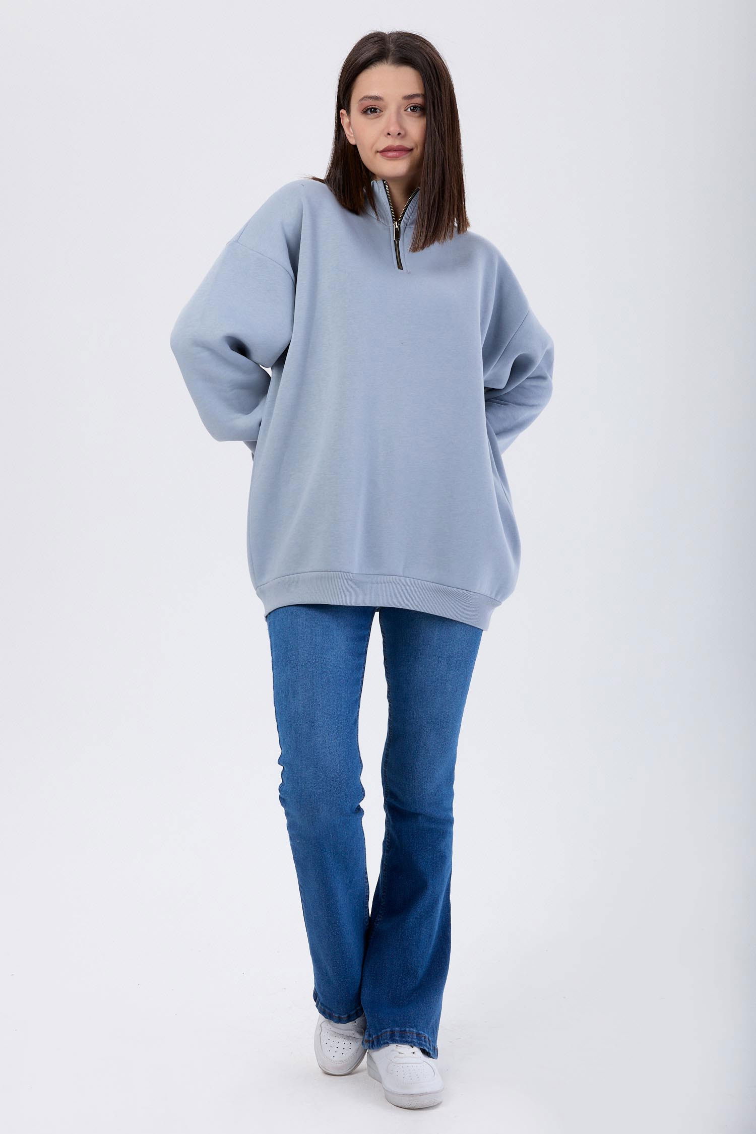 Düz Yarım Balıkçı Yaka Kadın Gri Sweat - 24109 GRİ
