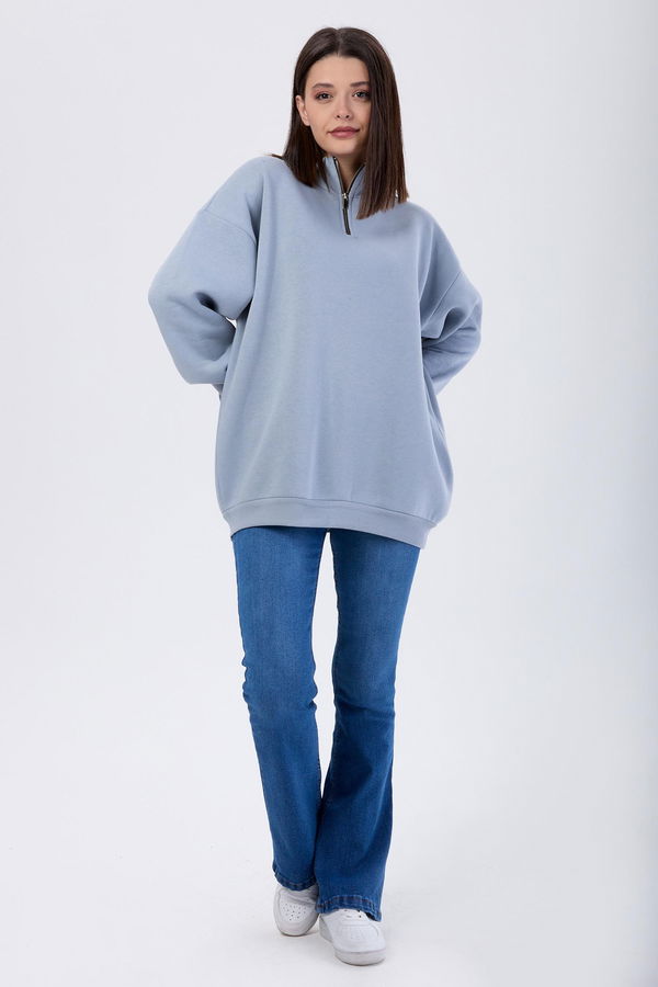 Düz Yarım Balıkçı Yaka Kadın Gri Sweat - 24109 GRİ