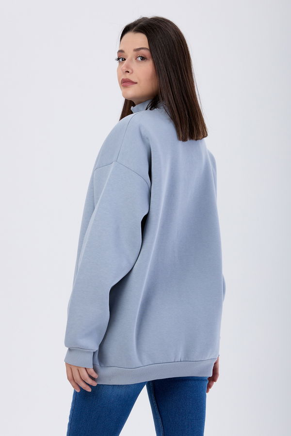 Düz Yarım Balıkçı Yaka Kadın Gri Sweat - 24109 GRİ