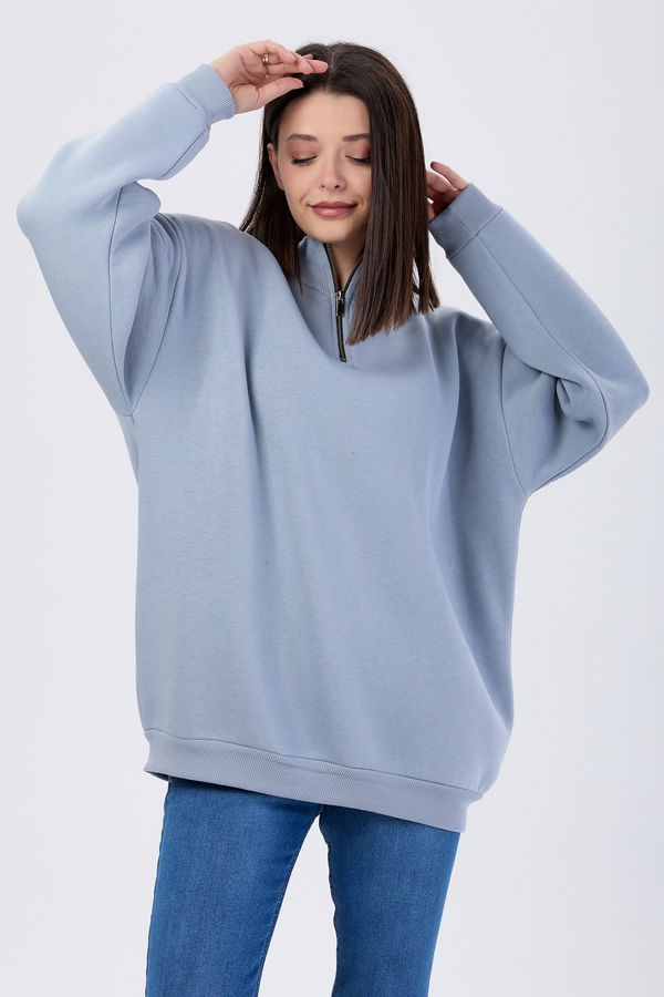 Düz Yarım Balıkçı Yaka Kadın Gri Sweat - 24109 GRİ