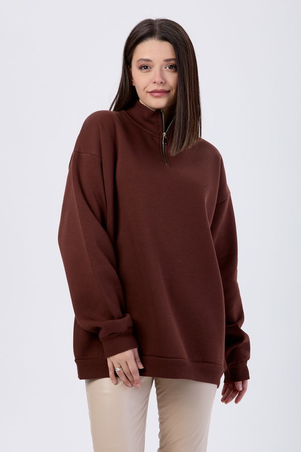 Düz Yarım Balıkçı Yaka Kadın Kahverengi Sweat - 24109