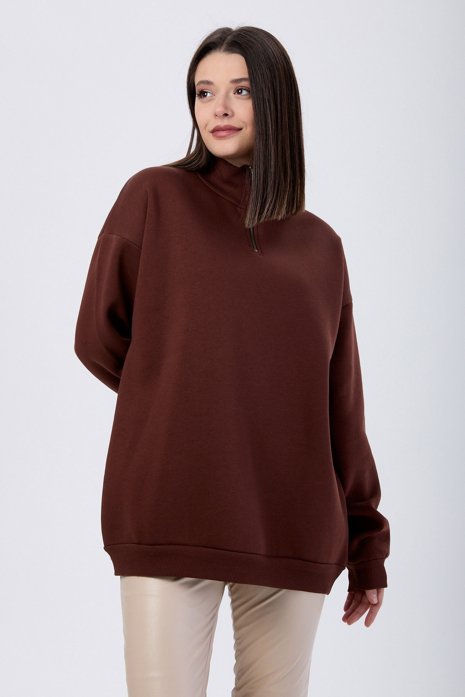 Düz Yarım Balıkçı Yaka Kadın Kahverengi Sweat - 24109