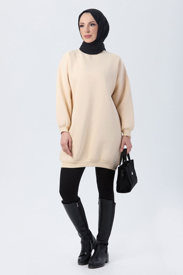Düz Bisiklet Yaka Kadın Bej Sweat - 24111 BEJ