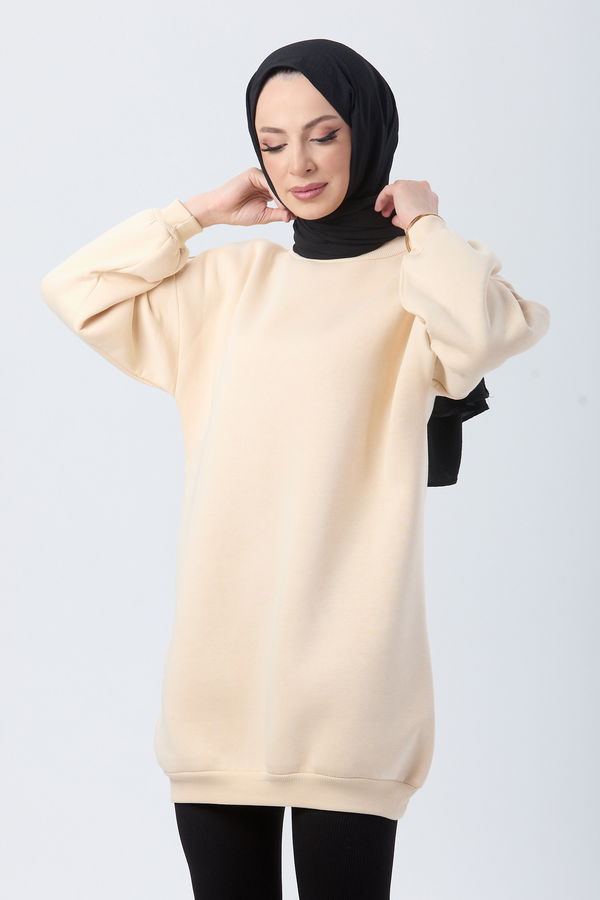 Düz Bisiklet Yaka Kadın Bej Sweat - 24111 BEJ
