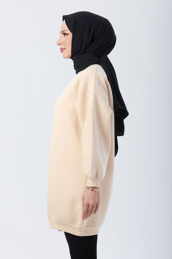 Düz Bisiklet Yaka Kadın Bej Sweat - 24111 BEJ