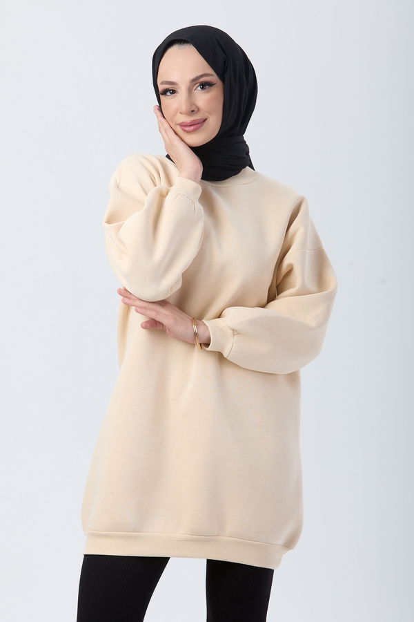 Düz Bisiklet Yaka Kadın Bej Sweat - 24111 BEJ