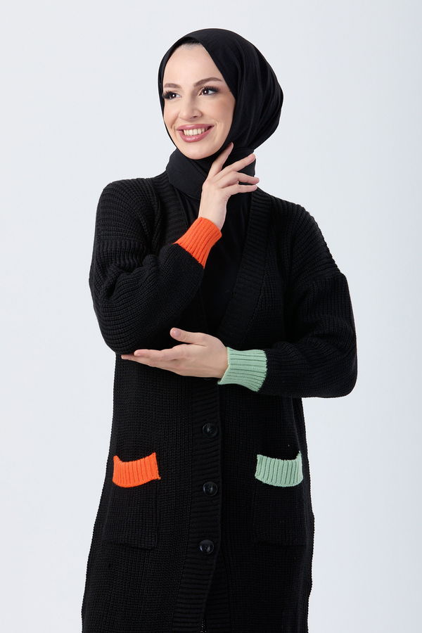 Düz Ceket Yaka Kadın Siyah Triko Hırka - 24006