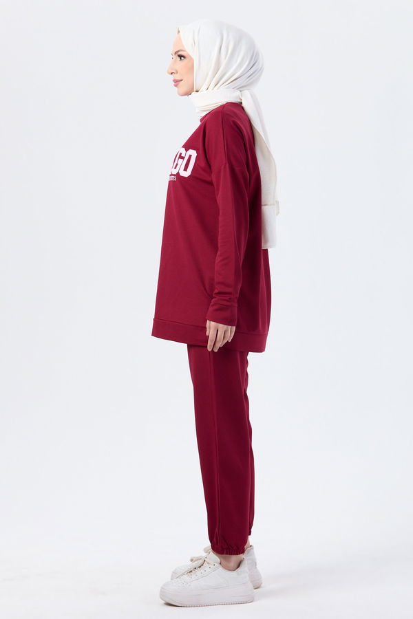 Düz Bisiklet Yaka Kadın Bordo Tunik Pantolon - 13045 BORDO
