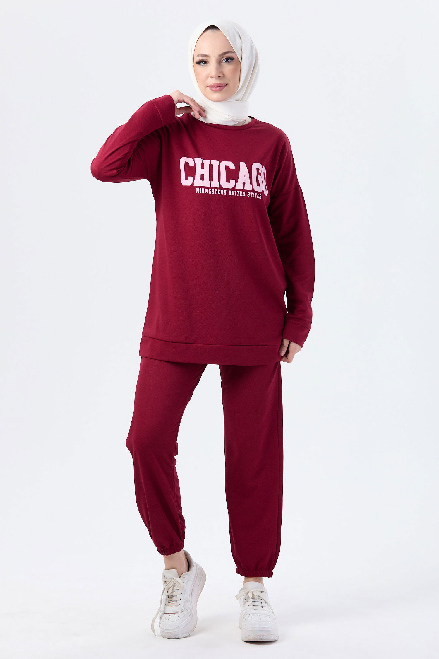 Düz Bisiklet Yaka Kadın Bordo Tunik Pantolon - 13045 BORDO