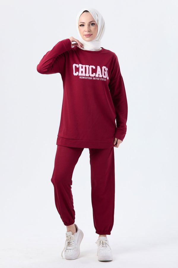 Düz Bisiklet Yaka Kadın Bordo Tunik Pantolon - 13045 BORDO