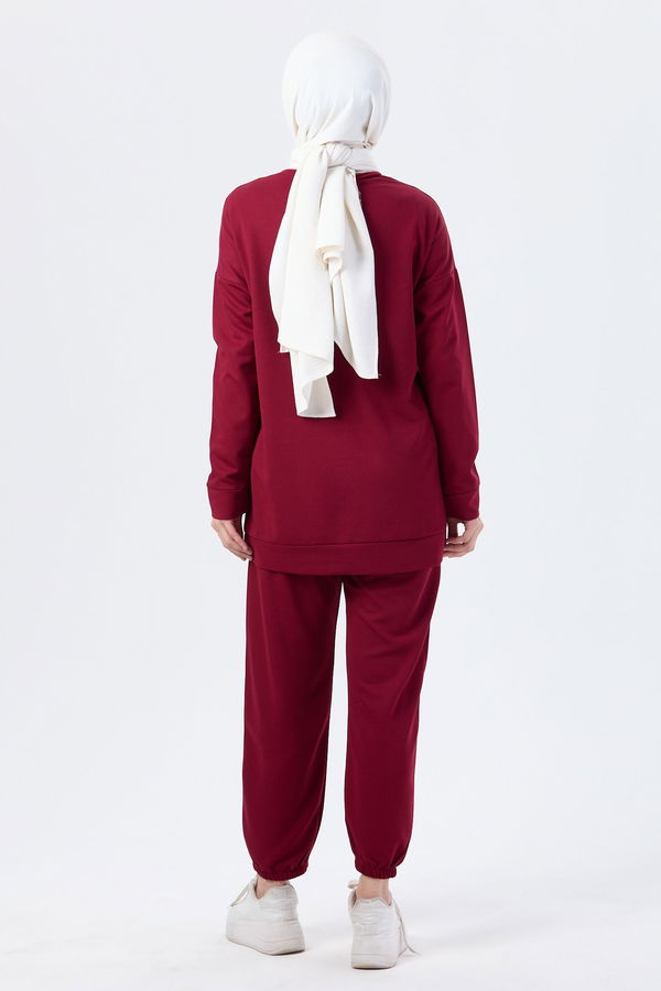 Düz Bisiklet Yaka Kadın Bordo Tunik Pantolon - 13045 BORDO