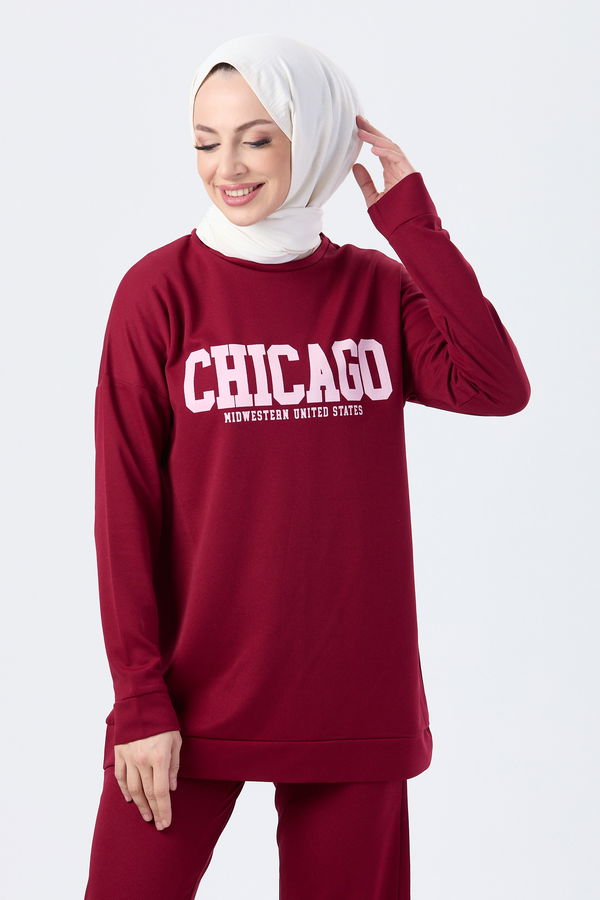 Düz Bisiklet Yaka Kadın Bordo Tunik Pantolon - 13045 BORDO