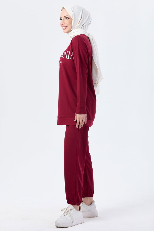 Düz Bisiklet Yaka Kadın Bordo Tunik Pantolon - 13046 BORDO