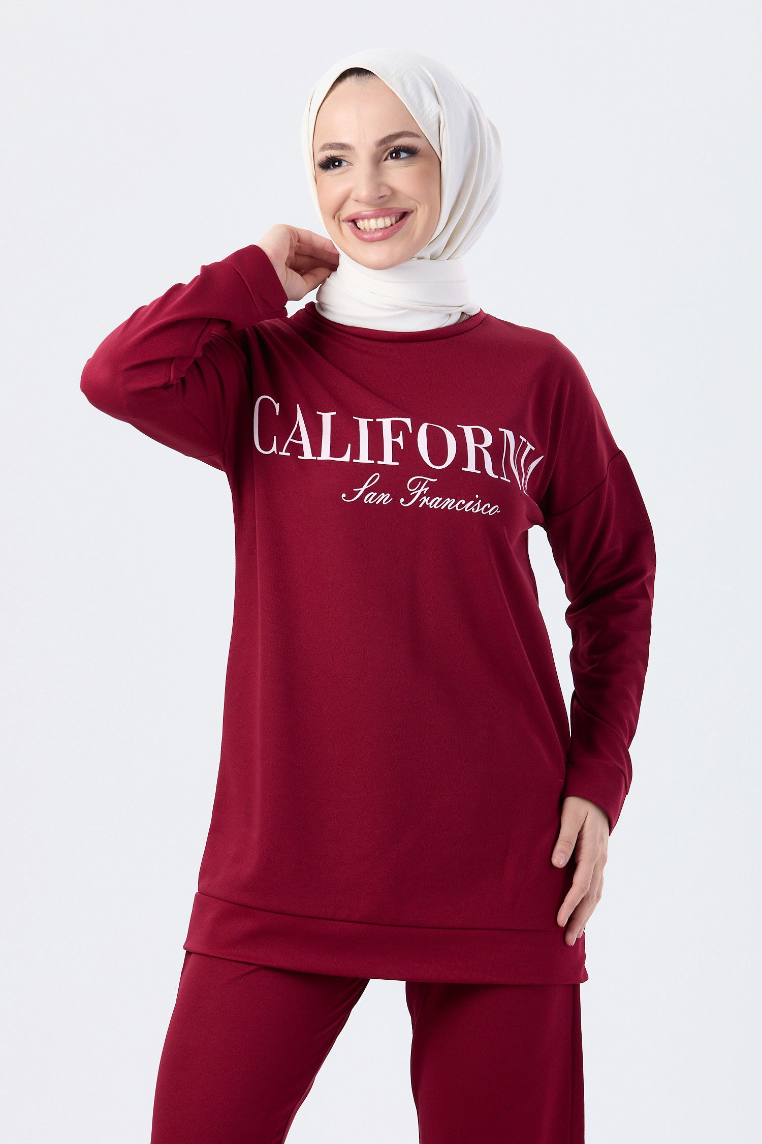 Düz Bisiklet Yaka Kadın Bordo Tunik Pantolon - 13046 BORDO