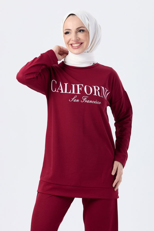 Düz Bisiklet Yaka Kadın Bordo Tunik Pantolon - 13046 BORDO