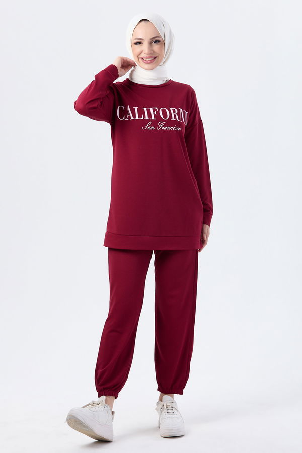 Düz Bisiklet Yaka Kadın Bordo Tunik Pantolon - 13046 BORDO