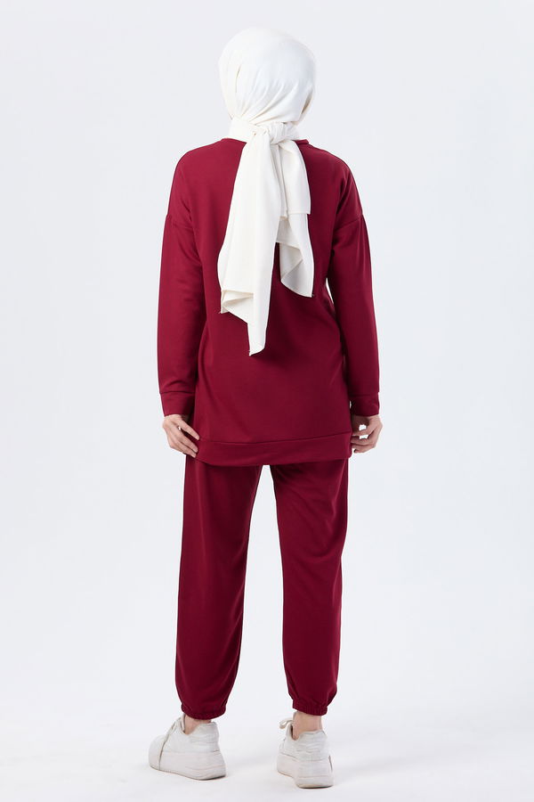 Düz Bisiklet Yaka Kadın Bordo Tunik Pantolon - 13046 BORDO