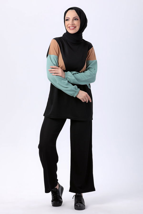 Düz Bisiklet Yaka Kadın Yeşil Tunik Pantolon - 11226 YEŞİL