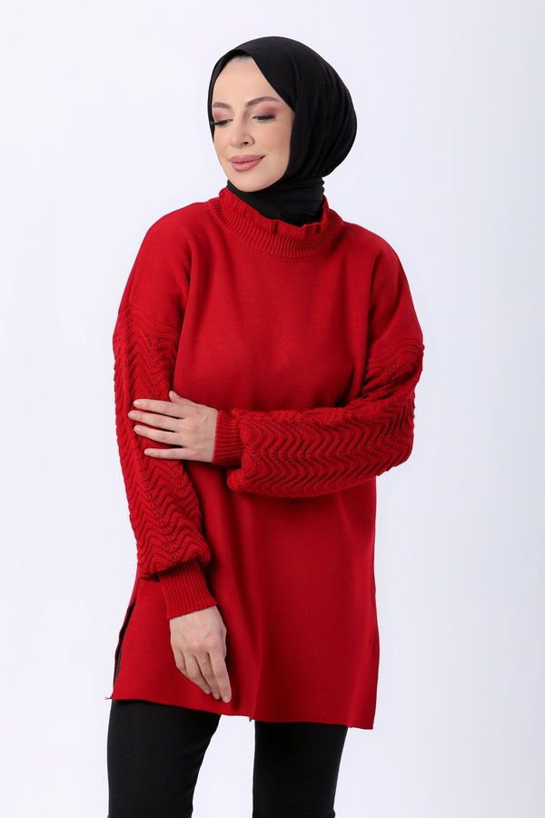 Düz Yarım Balıkçı Yaka Kadın Kırmızı Triko Kazak - 23707 Kırmızı