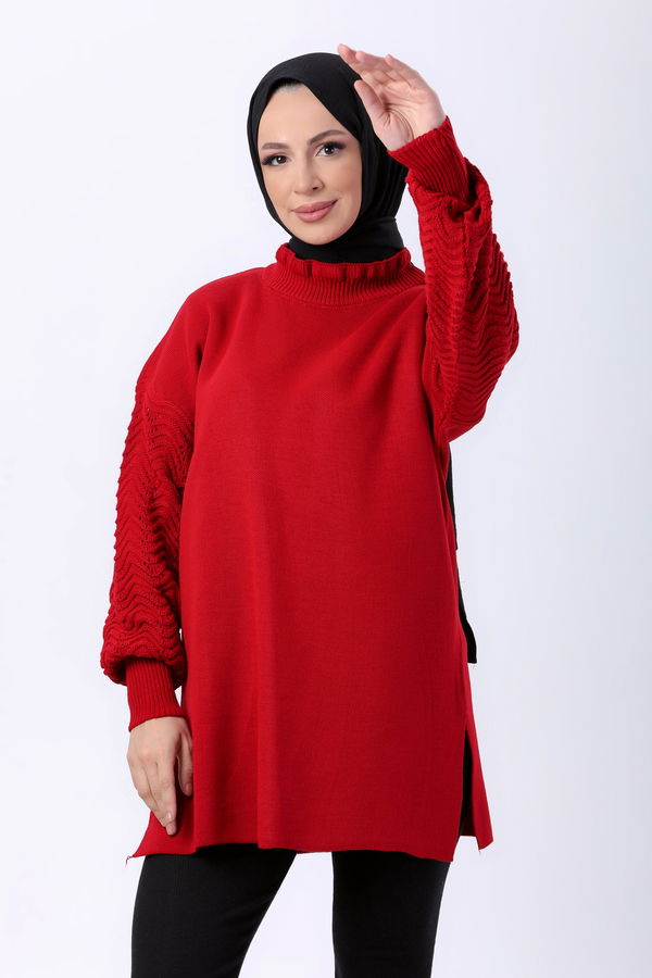 Düz Yarım Balıkçı Yaka Kadın Kırmızı Triko Kazak - 23707 Kırmızı