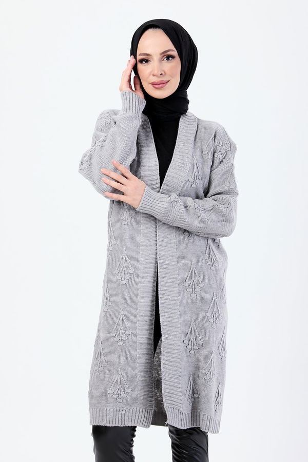Düz Ceket Yaka Kadın Gri Triko Hırka - 24143 GRİ