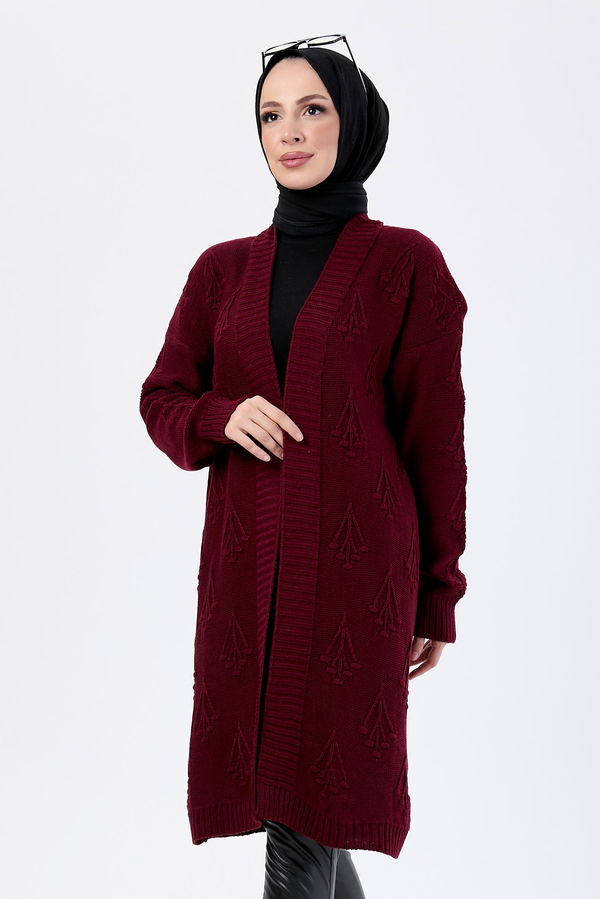 Düz Ceket Yaka Kadın Bordo Triko Hırka - 24143 BORDO