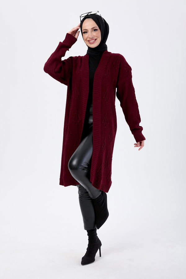 Düz Ceket Yaka Kadın Bordo Triko Hırka - 24143 BORDO