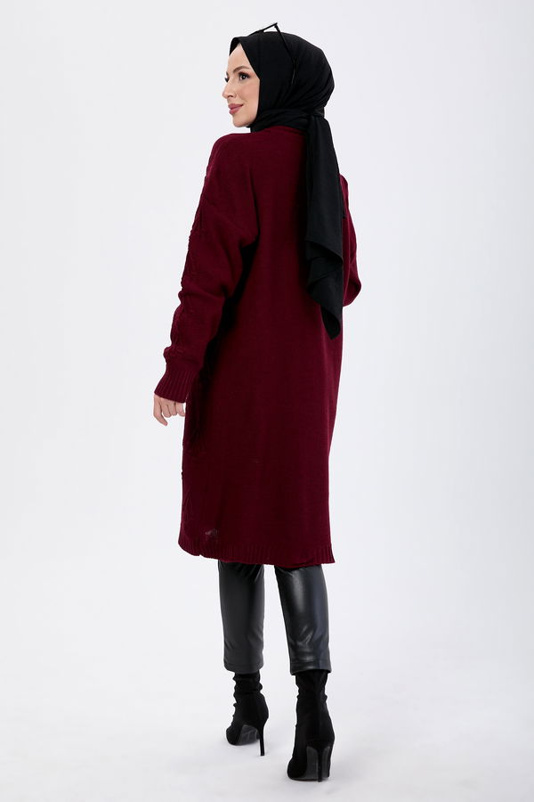 Düz Ceket Yaka Kadın Bordo Triko Hırka - 24143 BORDO