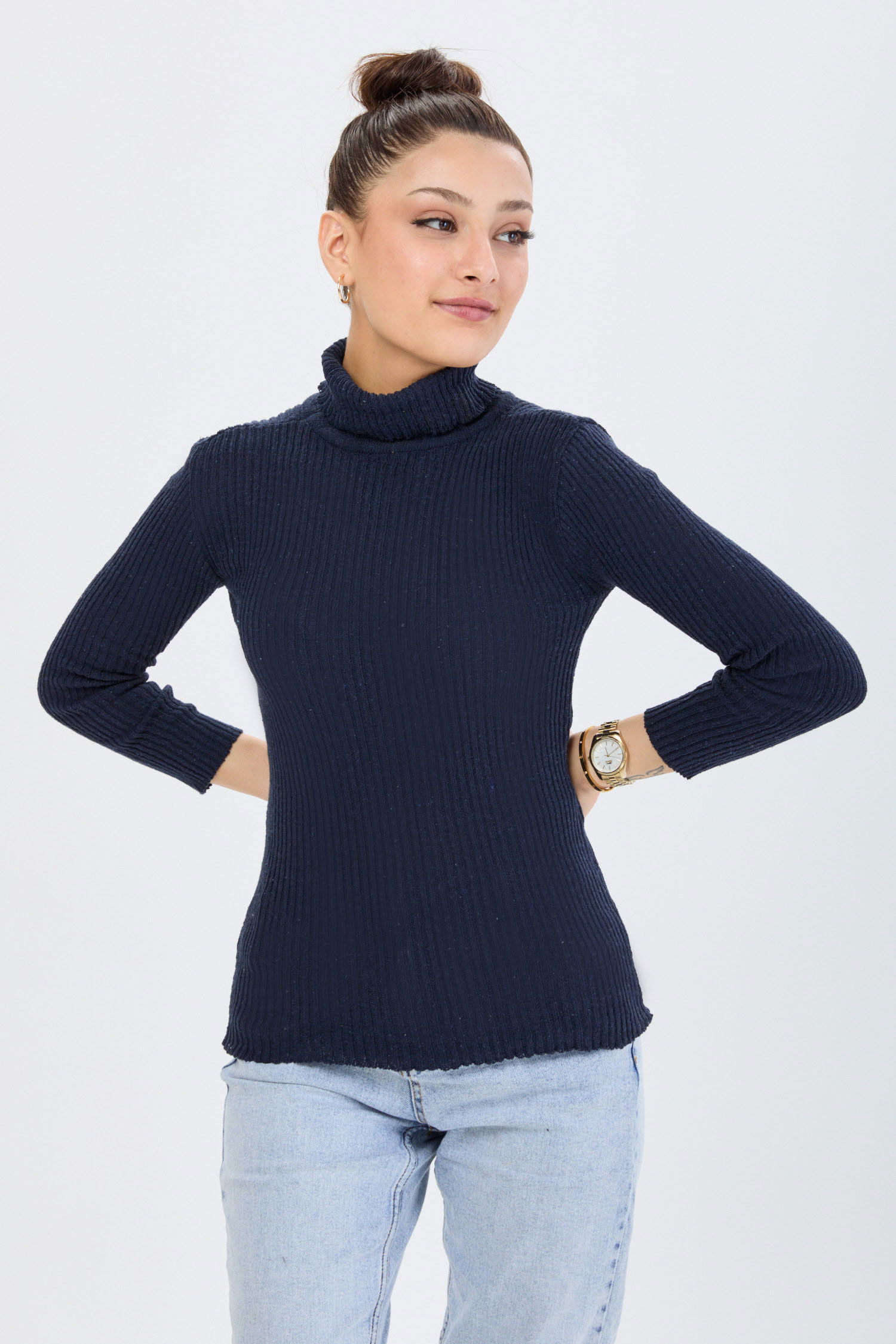 Düz Yarım Balıkçı Yaka Kadın Lacivert Triko Kazak - 23537 LACİVERT