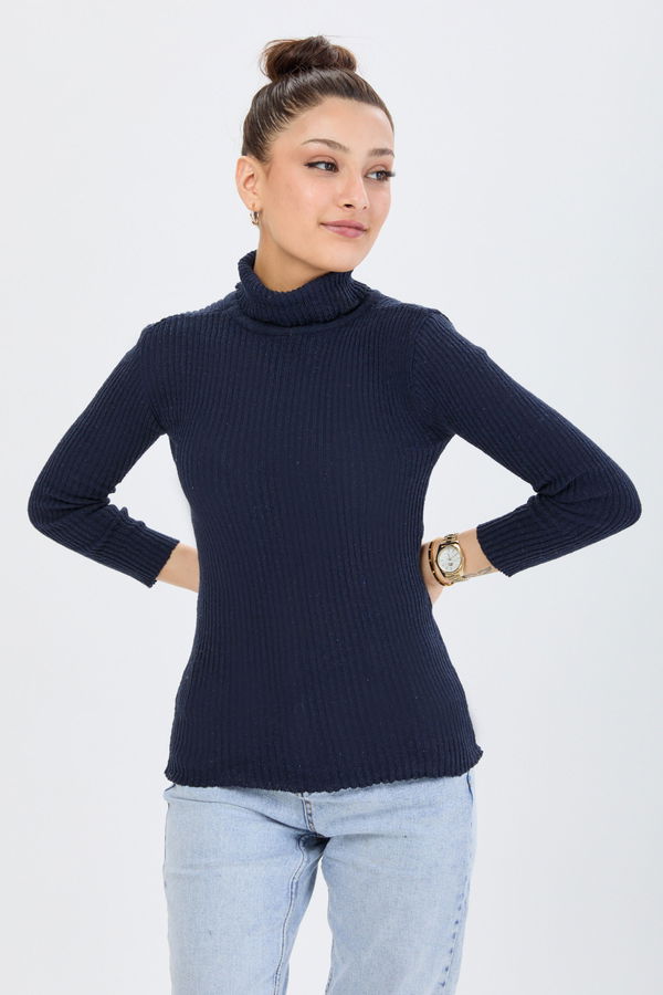 Düz Yarım Balıkçı Yaka Kadın Lacivert Triko Kazak - 23537 LACİVERT