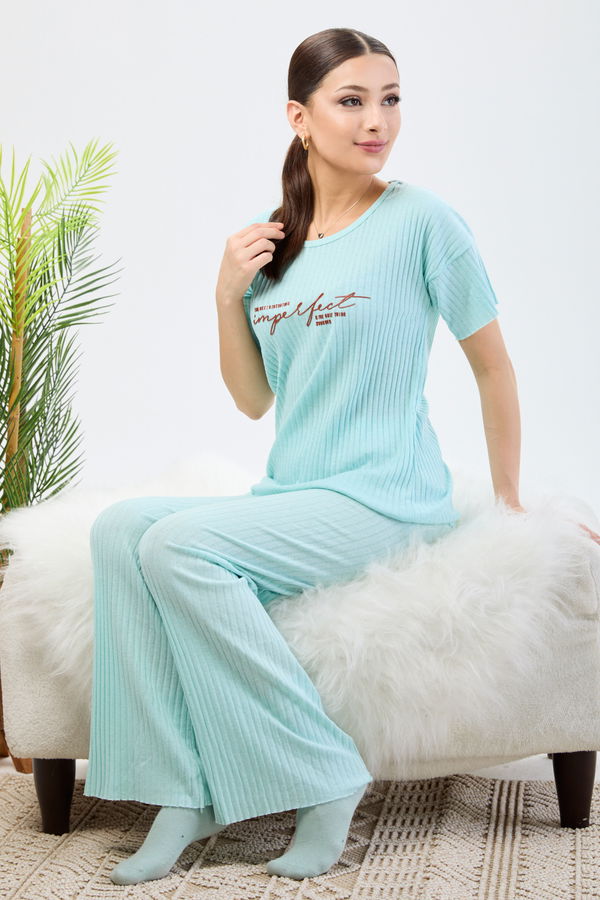 Düz Bisiklet Yaka Kadın Mavi Pijama Takımı - 23546 MAVİ