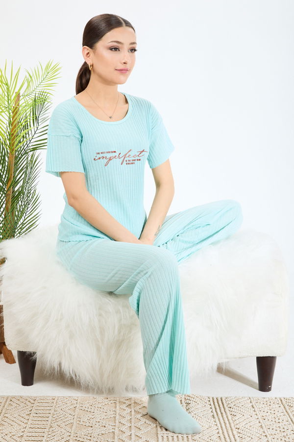 Düz Bisiklet Yaka Kadın Mavi Pijama Takımı - 23546 MAVİ