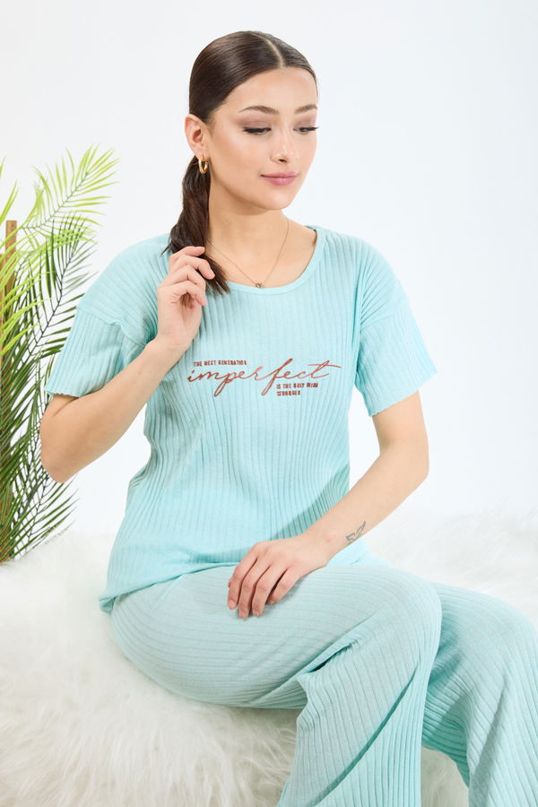 Düz Bisiklet Yaka Kadın Mavi Pijama Takımı - 23546 MAVİ