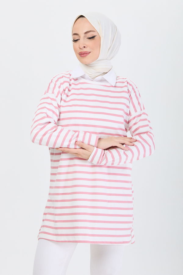 Düz Bisiklet Yaka Kadın Pembe Çizgili Tunik - 24188 PEMBE