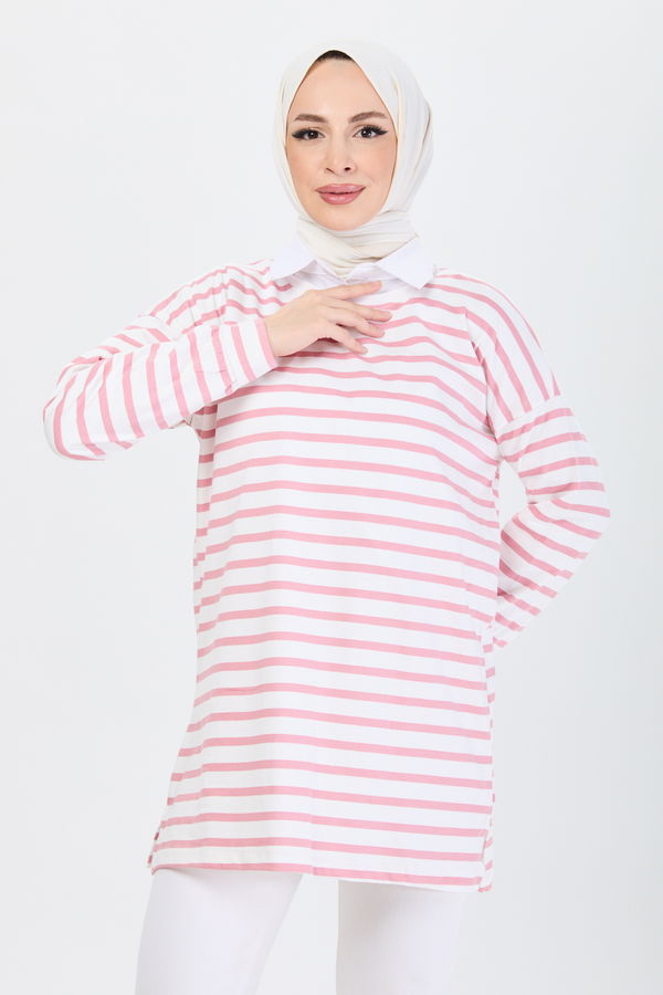 Düz Bisiklet Yaka Kadın Pembe Çizgili Tunik - 24188 PEMBE