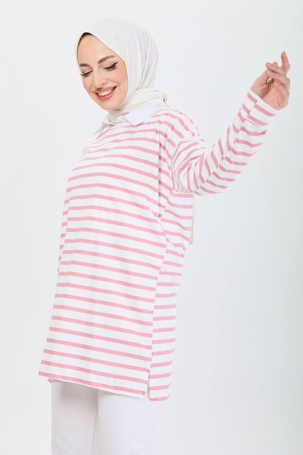 Düz Bisiklet Yaka Kadın Pembe Çizgili Tunik - 24188 PEMBE